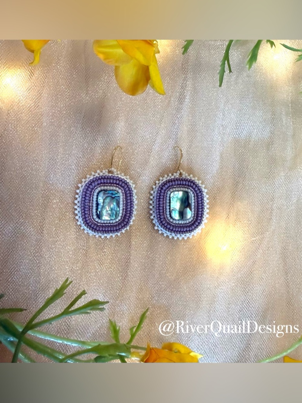 Handmade Purple Beaded Earrings With Abalone Shell. Native Made, Indigenous Art - Picture 3 of 3